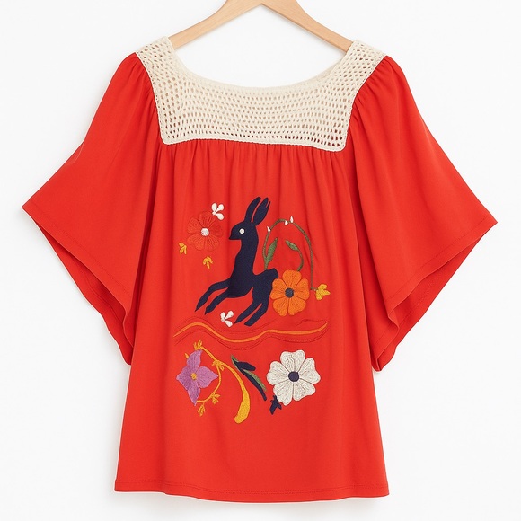 Va Va by Joy Han Red Boho Festival Blouse Sz S - Picture 1 of 4